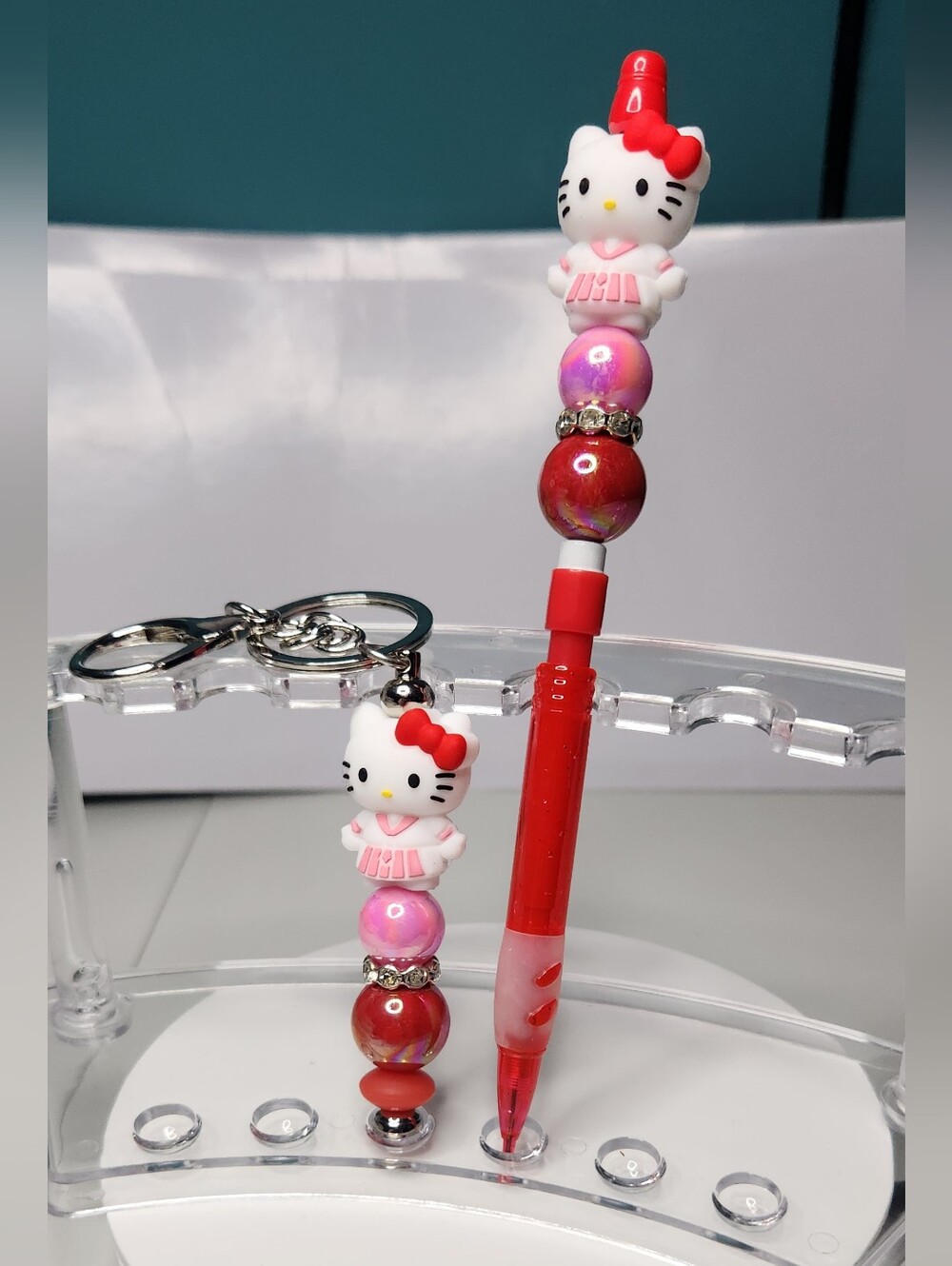 Custom made Hello Kitty Red and Pink Beaded Pencil with Matching Keychain Charm